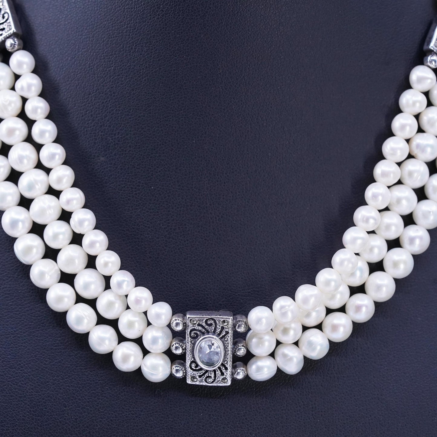 16", multi strands freshwater pearl necklace Sterling 925 silver cz marcasite