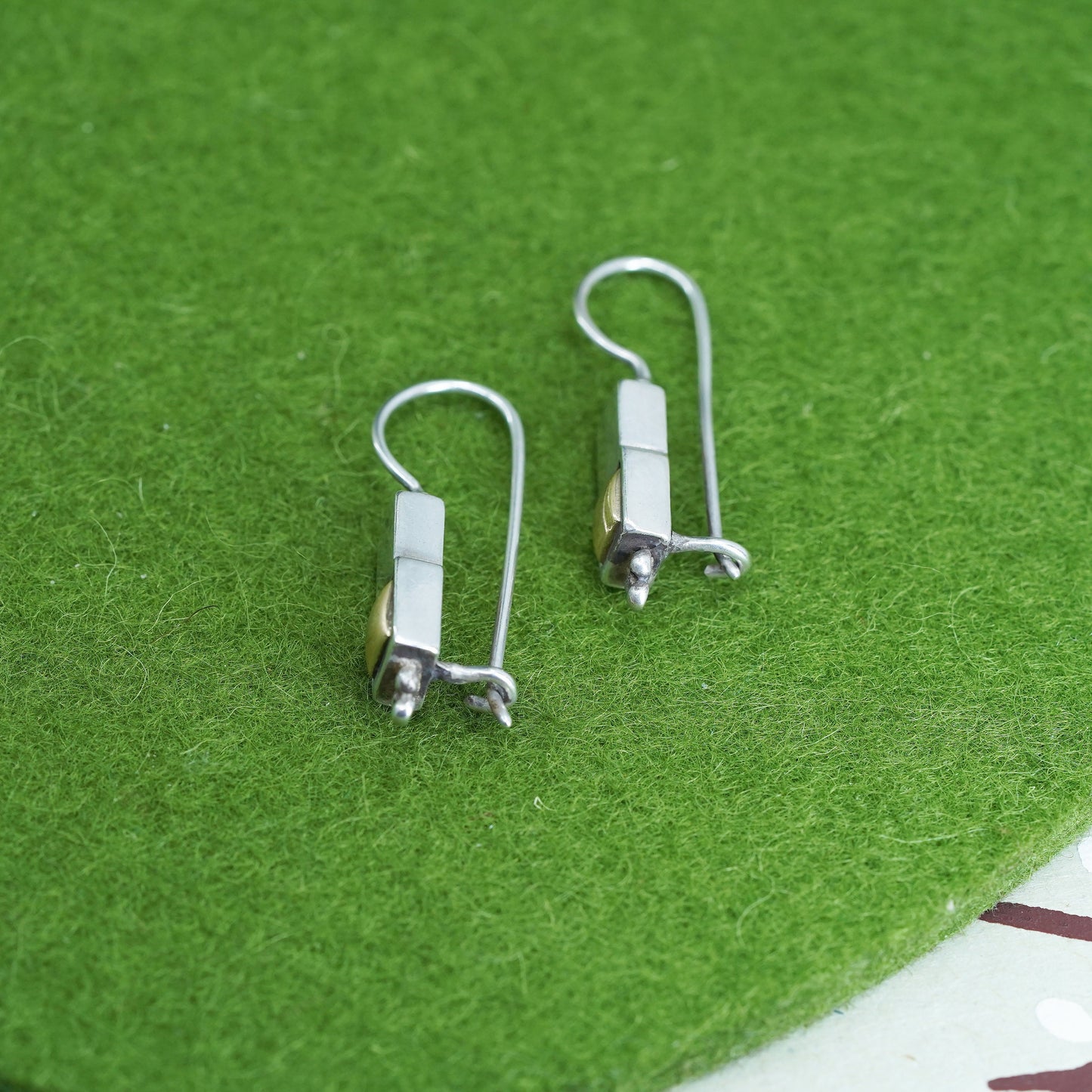 Vintage two tone Sterling 925 silver handmade earrings with 14K gold square