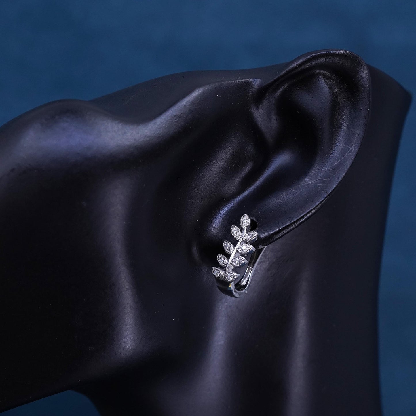0.75", vintage Sterling silver handmade earrings, 925 leaf huggie hoops with cz