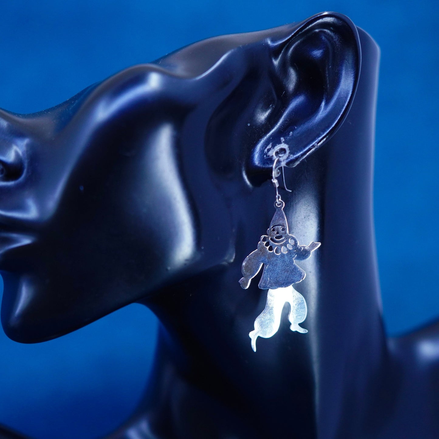 sterling silver handmade earrings, 925 dancing clowns drop with movable waist