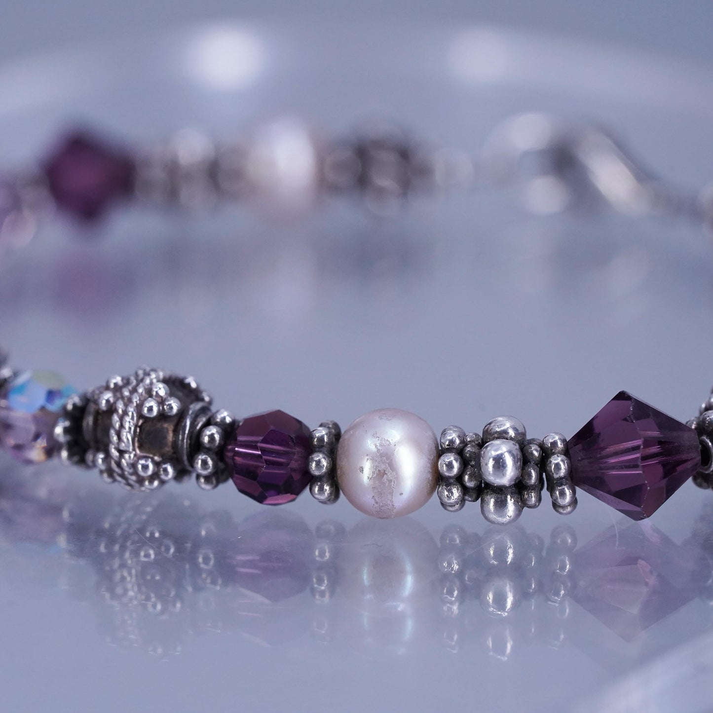 8”, vintage Sterling 925 silver handmade bracelet with pearl amethyst beads