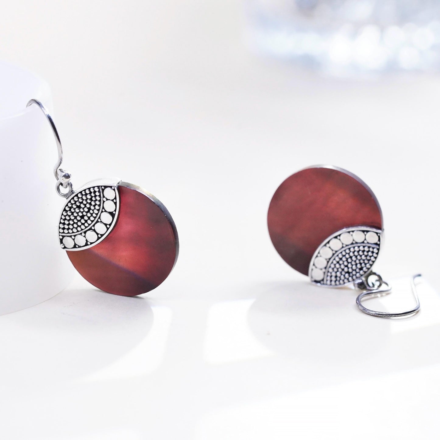 Vintage sterling silver handmade earrings, red mother of pearl round drops bead