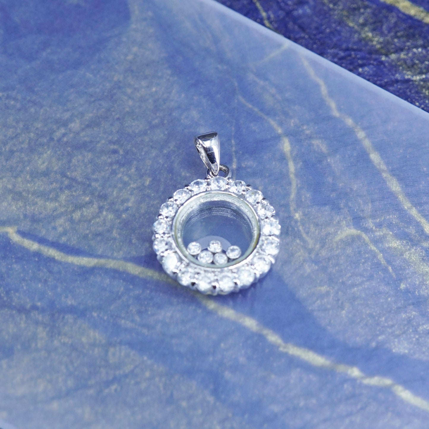 vintage Sterling 925 silver handmade circle pendant with dancing cz