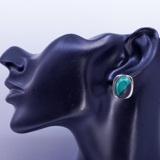 Vintage Sterling 925 silver handmade earrings, clip on w/ black onyx malachite