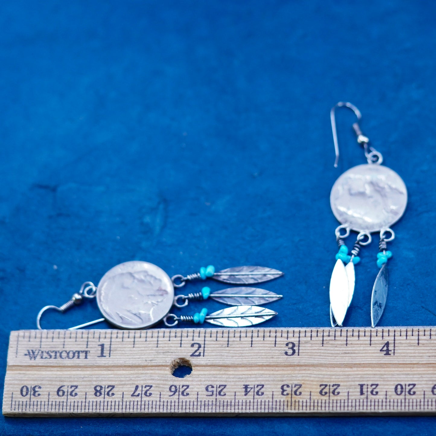 Native American silver tone handmade earrings with Buffalo nickel and feather