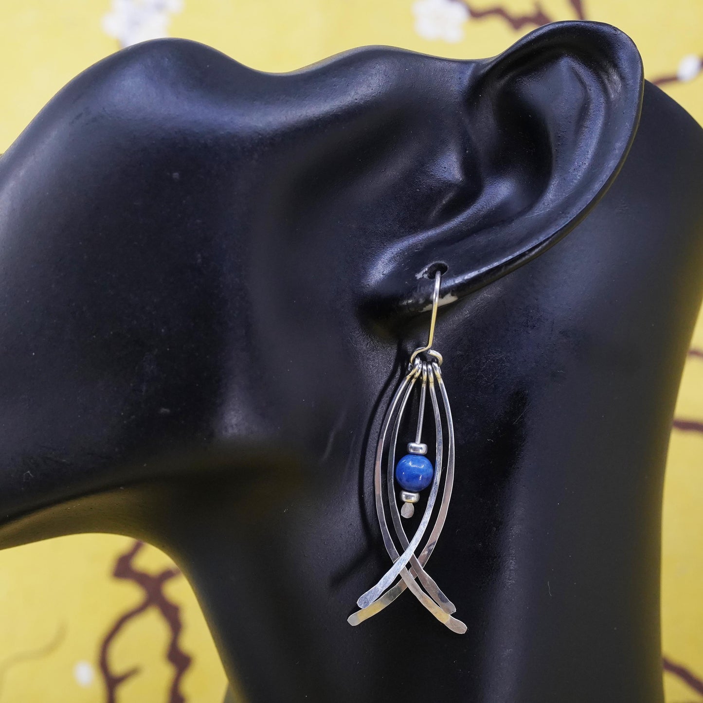 Vinatge Sterling 925 Silver Handmade fridge Earrings with lapis lazuli bead