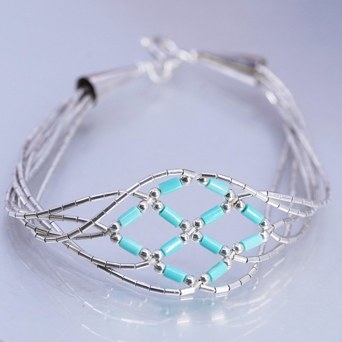 7.25”, Sterling 925 silver handmade bracelet, woven liquid chain with turquoise