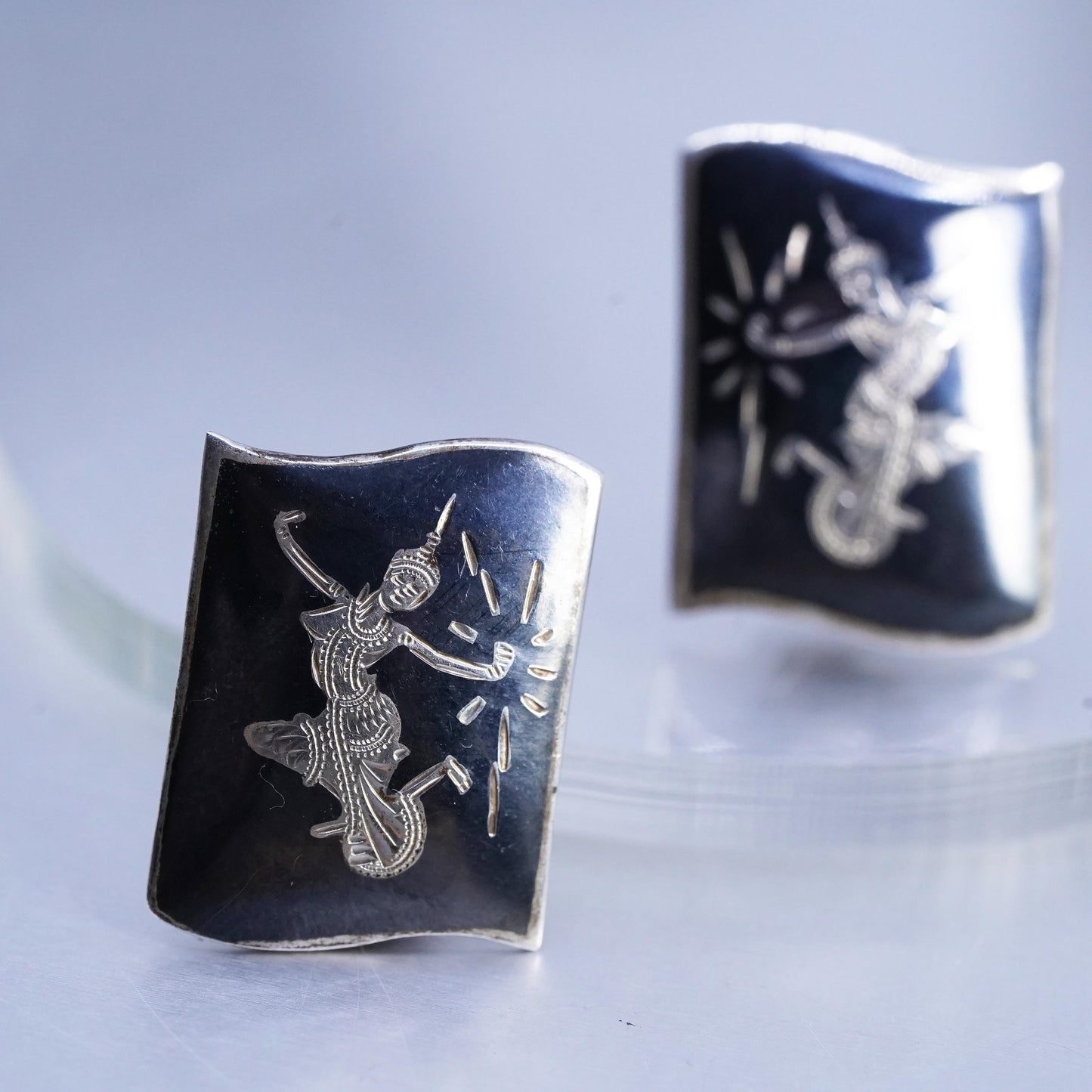 Vintage Siam sterling silver clip on earrings, 925 rectangular earrings, niello