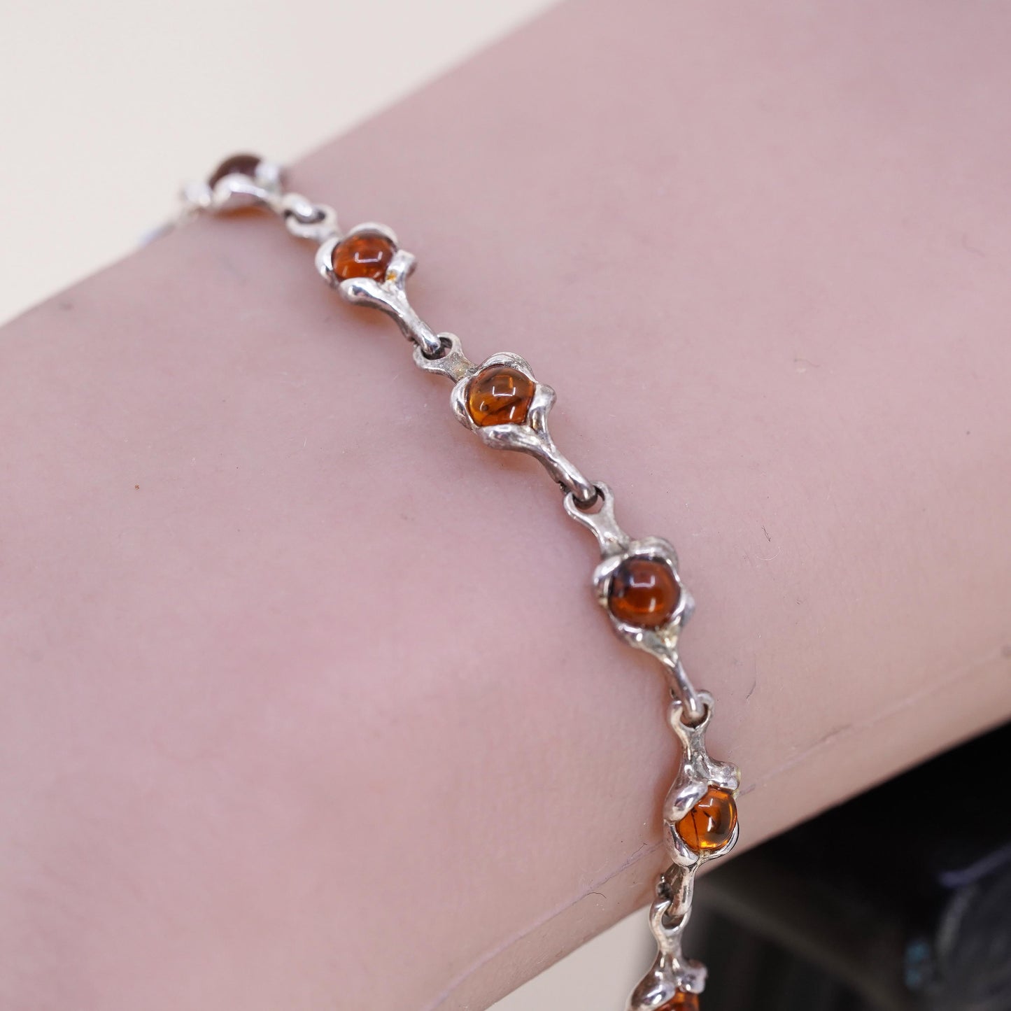 6+2", Vintage sterling 925 silver handmade bracelet with amber links