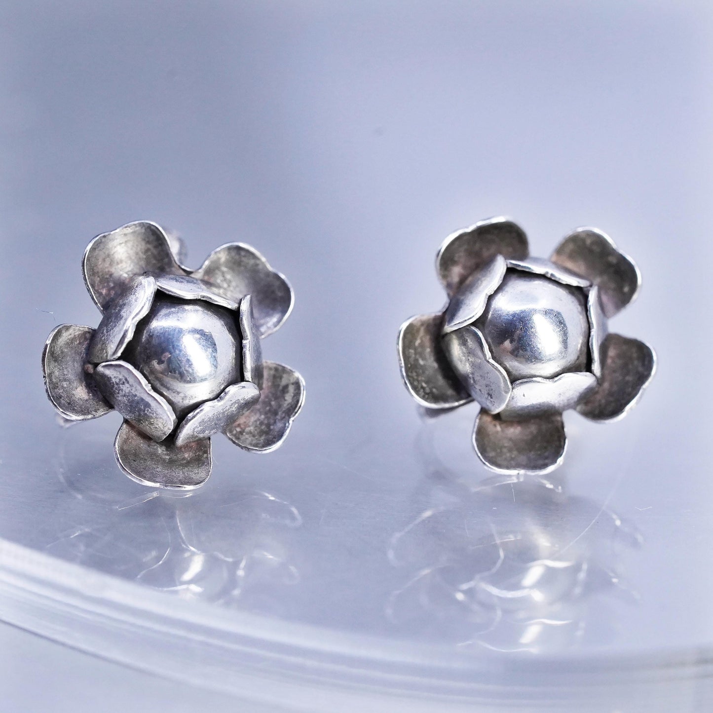 Vintage Sterling 925 silver handmade earrings, screw back flower