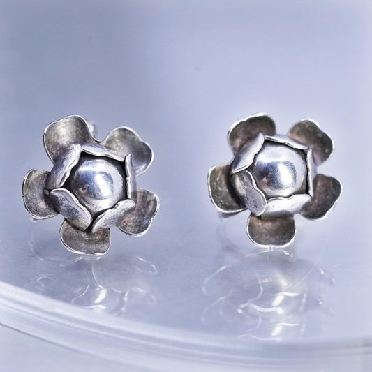 Vintage Sterling 925 silver handmade earrings, screw back flower