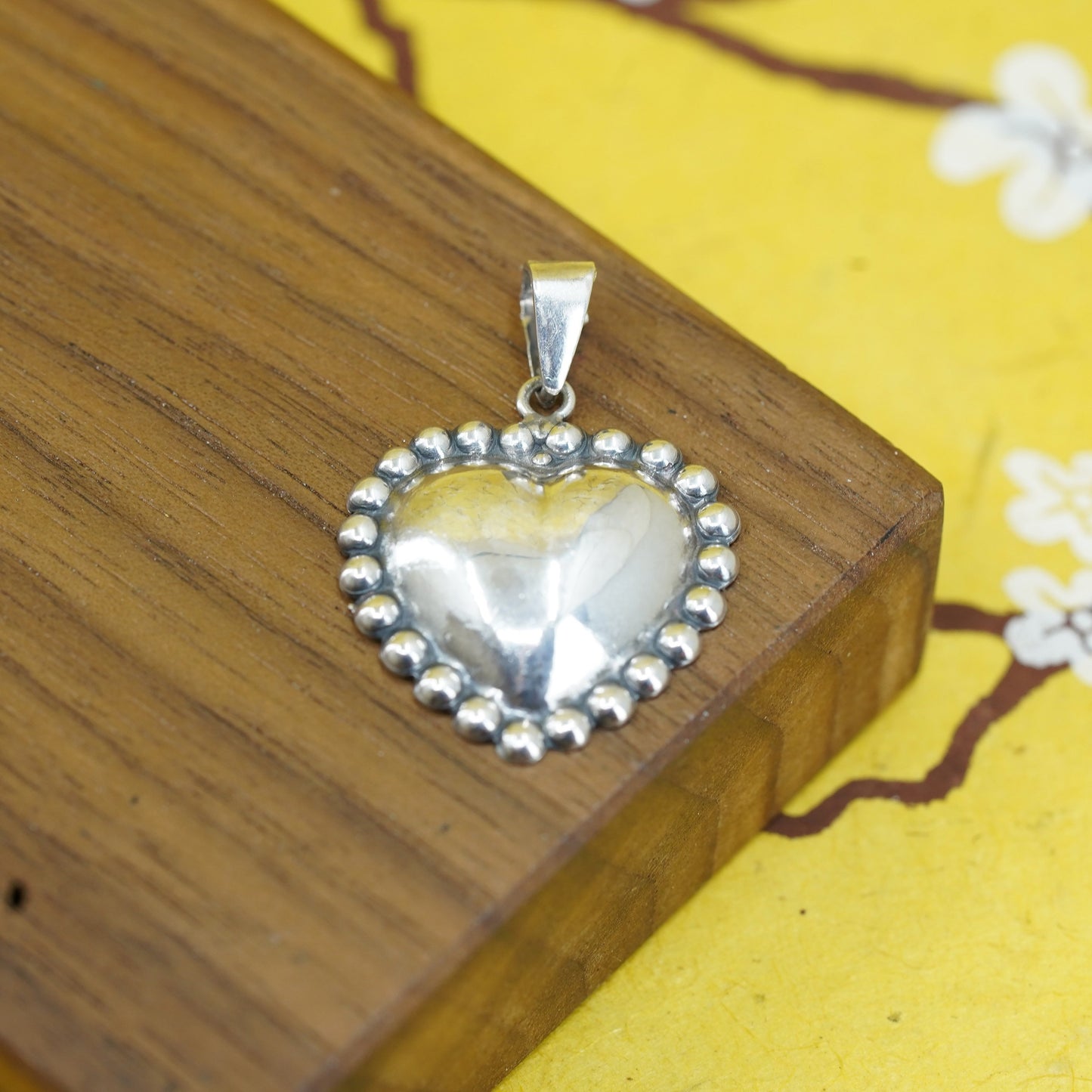 Vintage Sterling silver handmade pendant, 925 heart charm with beads