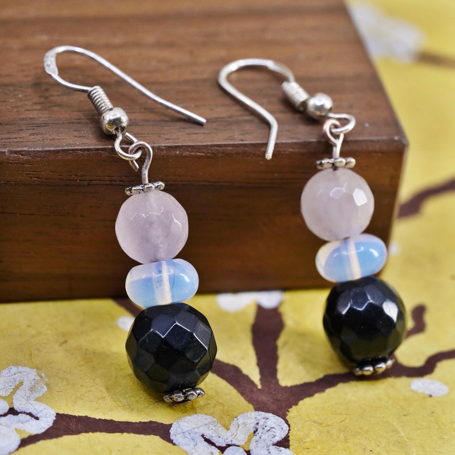 Vintage Sterling 925 silver handmade earrings with onyx opal pink quartz beads