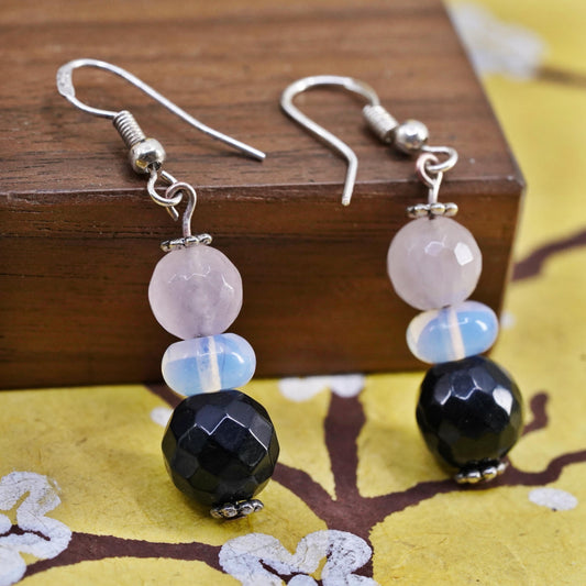 Vintage Sterling 925 silver handmade earrings with onyx opal pink quartz beads
