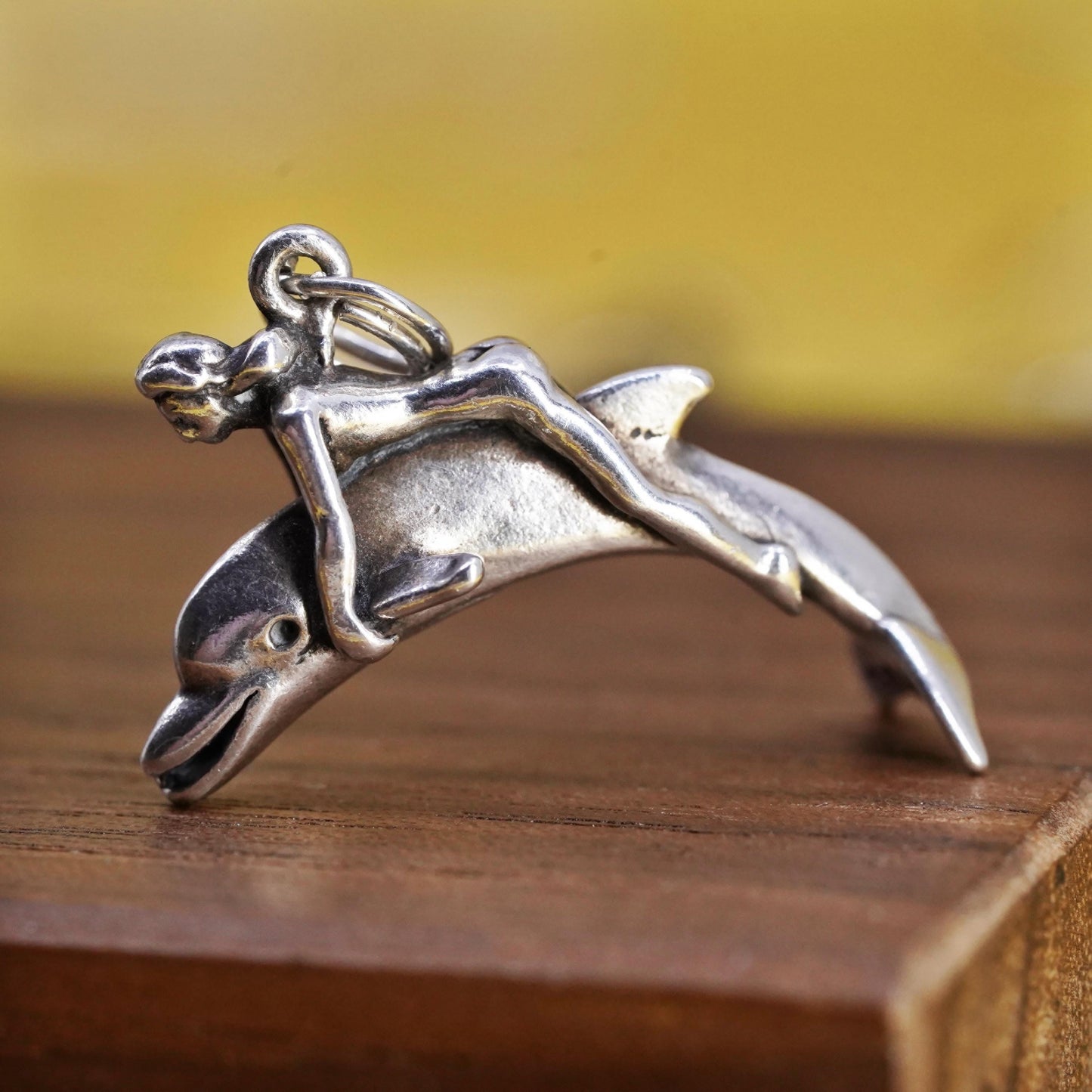 Vintage Sterling Silver girl Riding Dolphin Pendant, Ocean Jewelry, 925 pendant