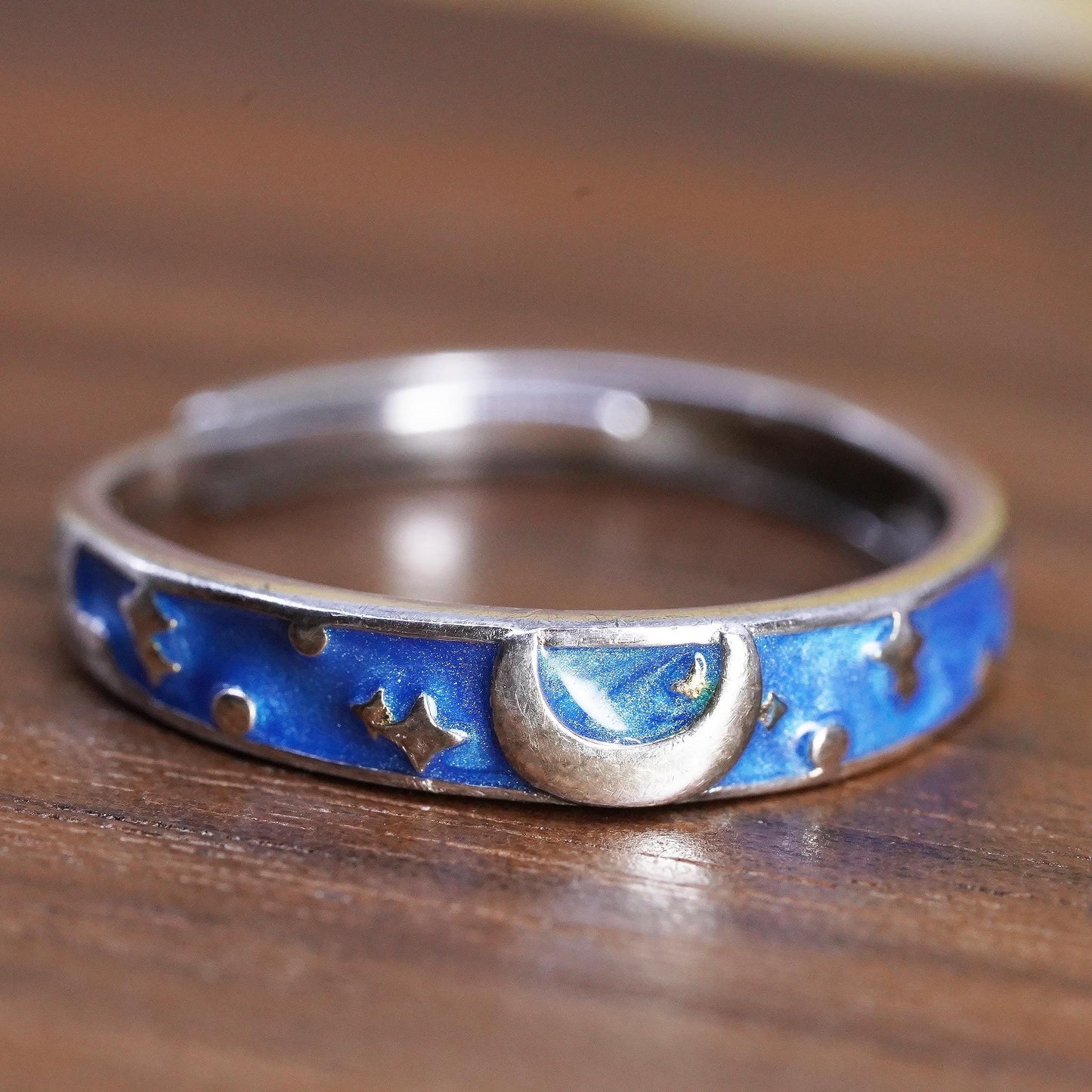 Size adjustable, vintage Sterling silver 925 ring with blue enamel moon star