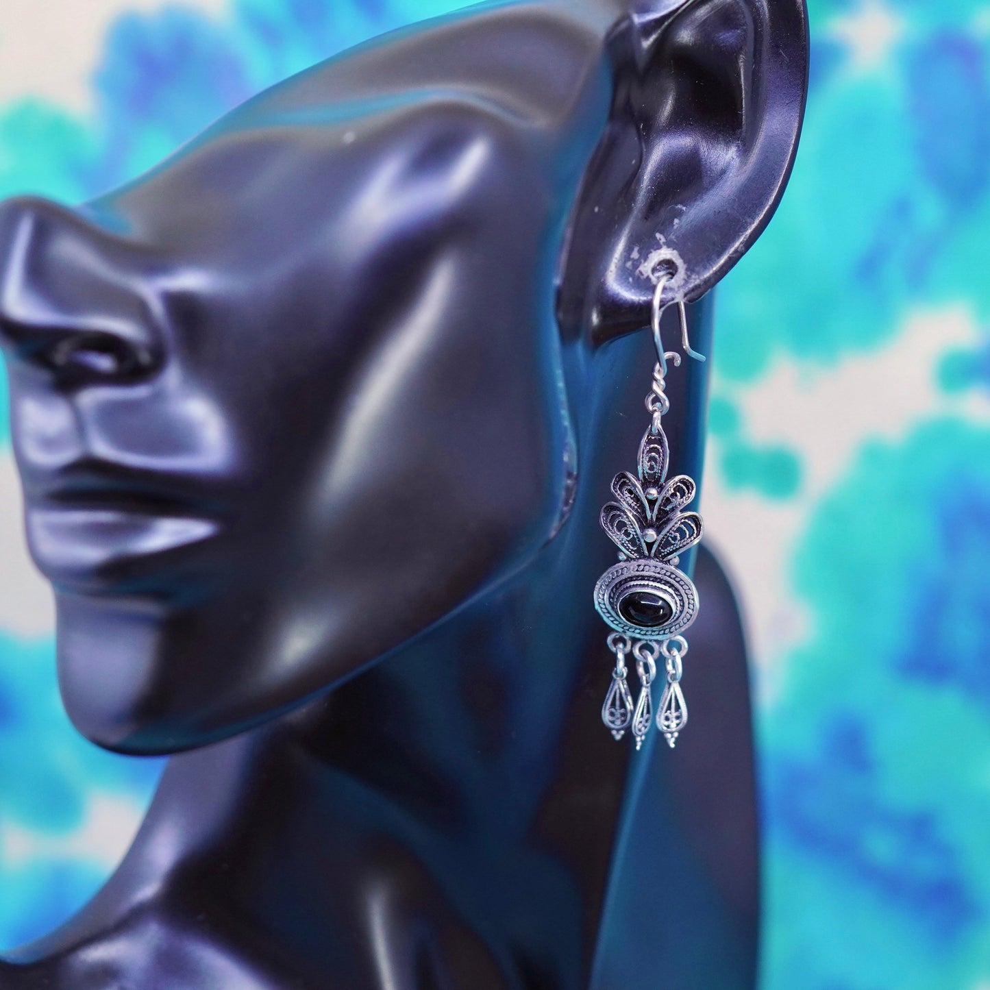 Vintage Sterling 925 Silver Handmade filigree Earrings with oval onyx
