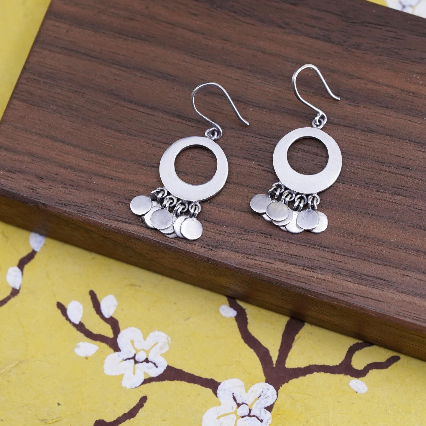 VTG matte Sterling silver handmade earrings, 925 circle dangle cluster discs