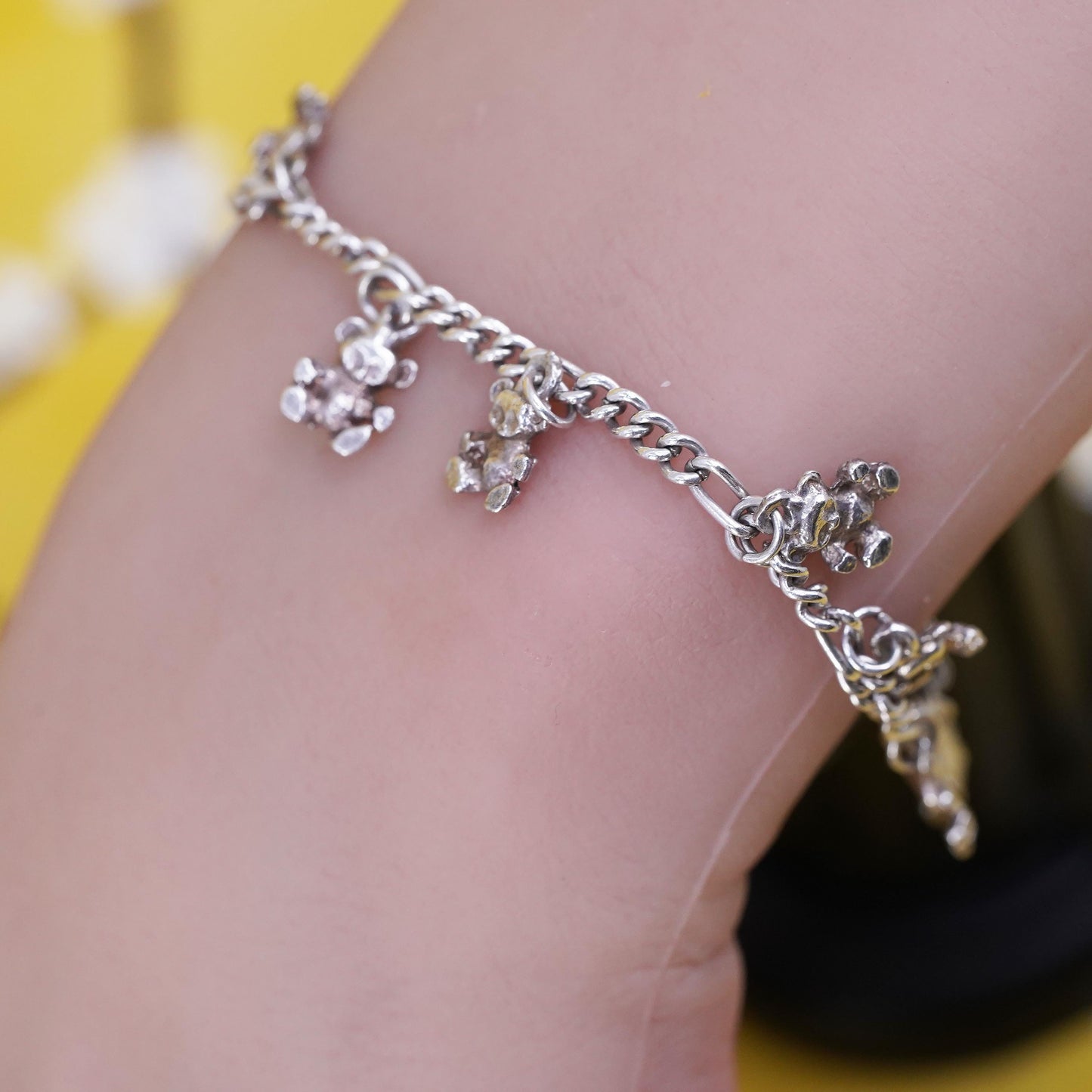 5.5" Sterling silver bracelet, Italy 925 curb chain with teddy bear charms