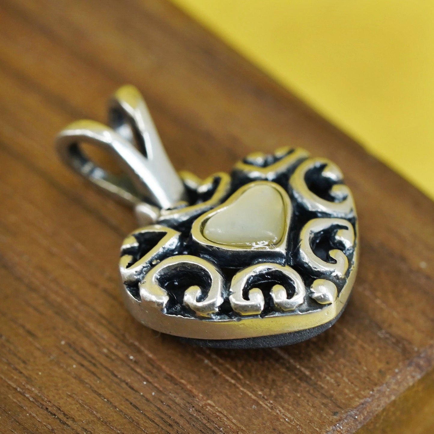 Sterling silver pendant, 925 double sided heart with mother of pearl onyx inlay