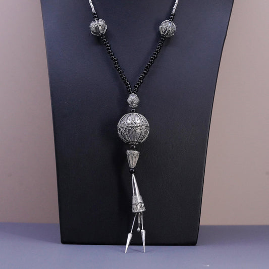 18", Sterling 925 Silver Beaded Necklace, Black Onyx, Ornate Sphere Pendant,