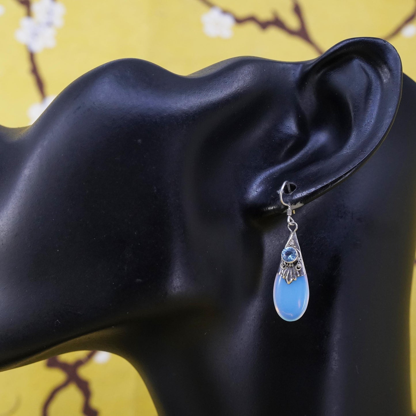 Vintage Sterling 925 silver handmade earrings with teardrop moonstone and topaz