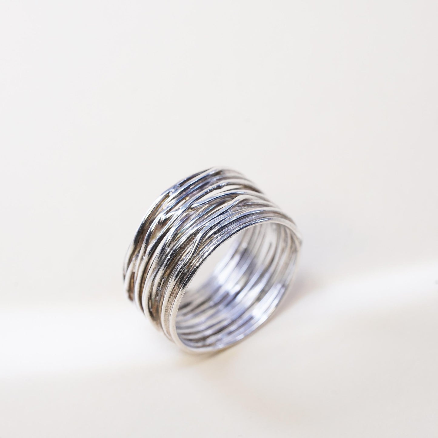 Size 10, vintage Sterling silver handmade ring, 925 wide band wired textured