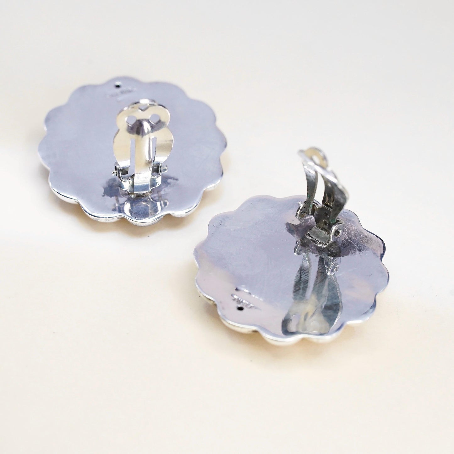 vintage Modern handmade Sterling clip on, 925 round puffy floral earrings