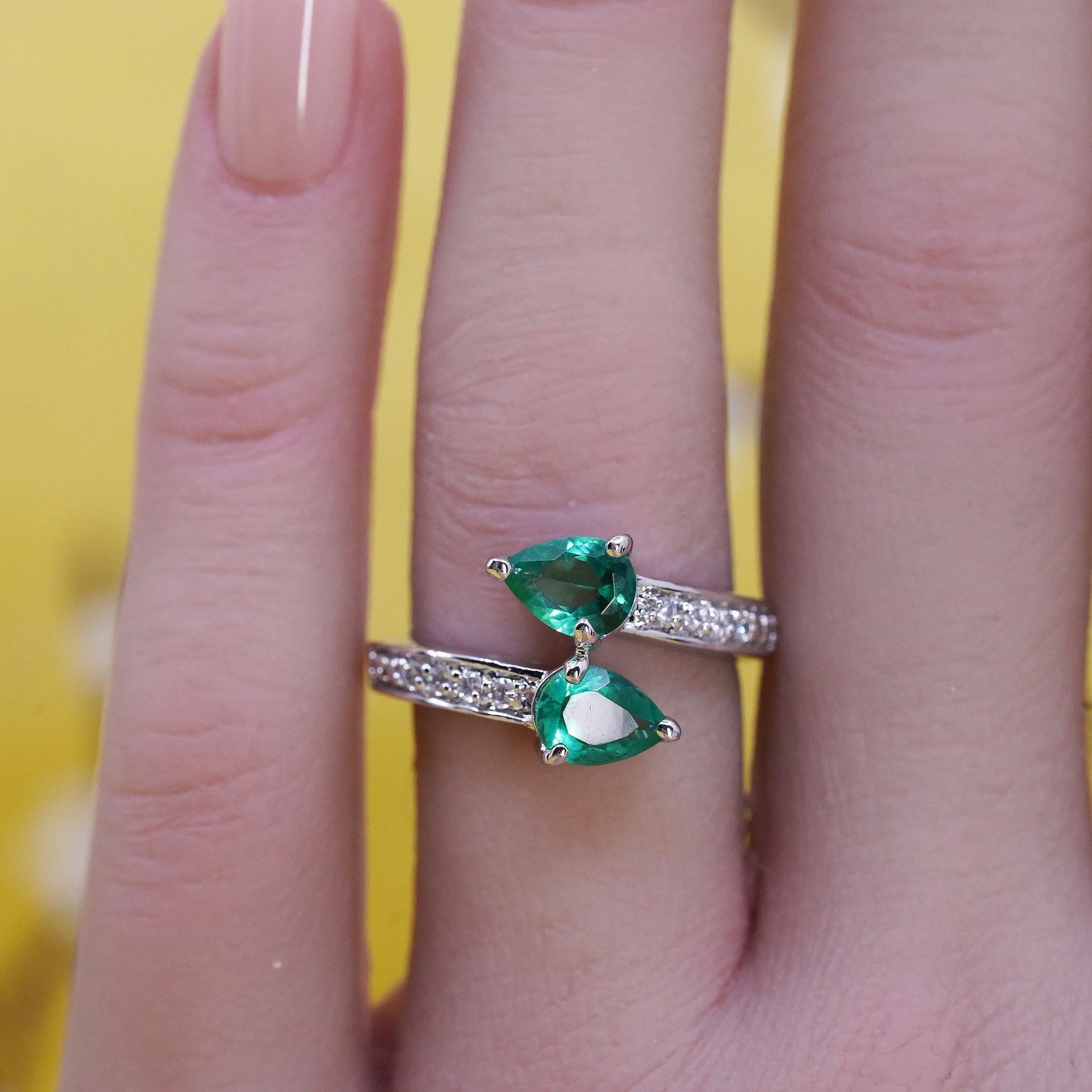 Size 6, VTG Emerald Diamond Bypass Toi et Moi Ring, Sterling Silver 925 Ring