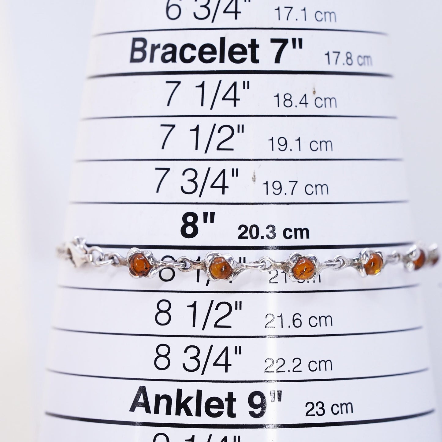 6+2", Vintage sterling 925 silver handmade bracelet with amber links