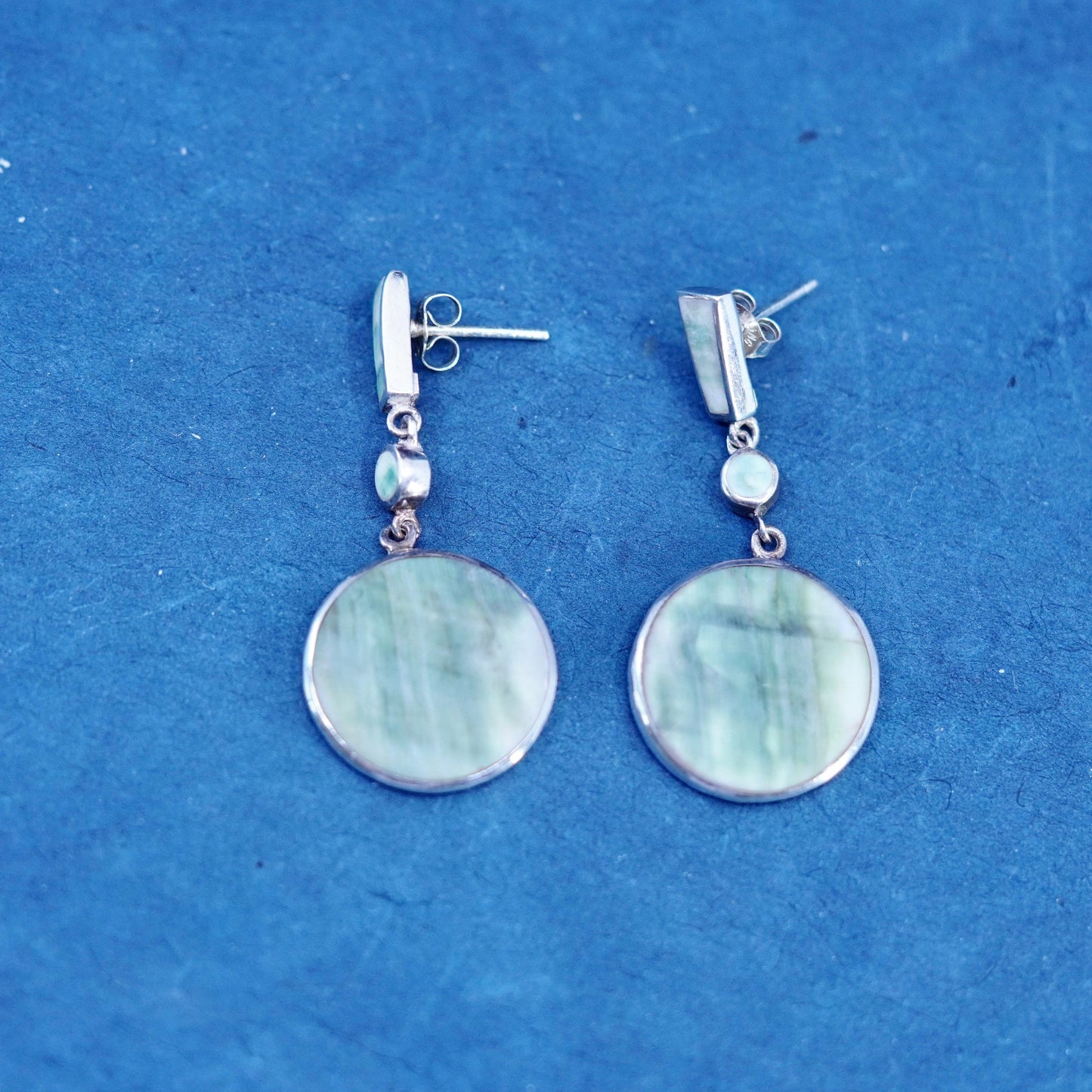 Vintage Sterling 925 silver handmade earrings with round jadeite