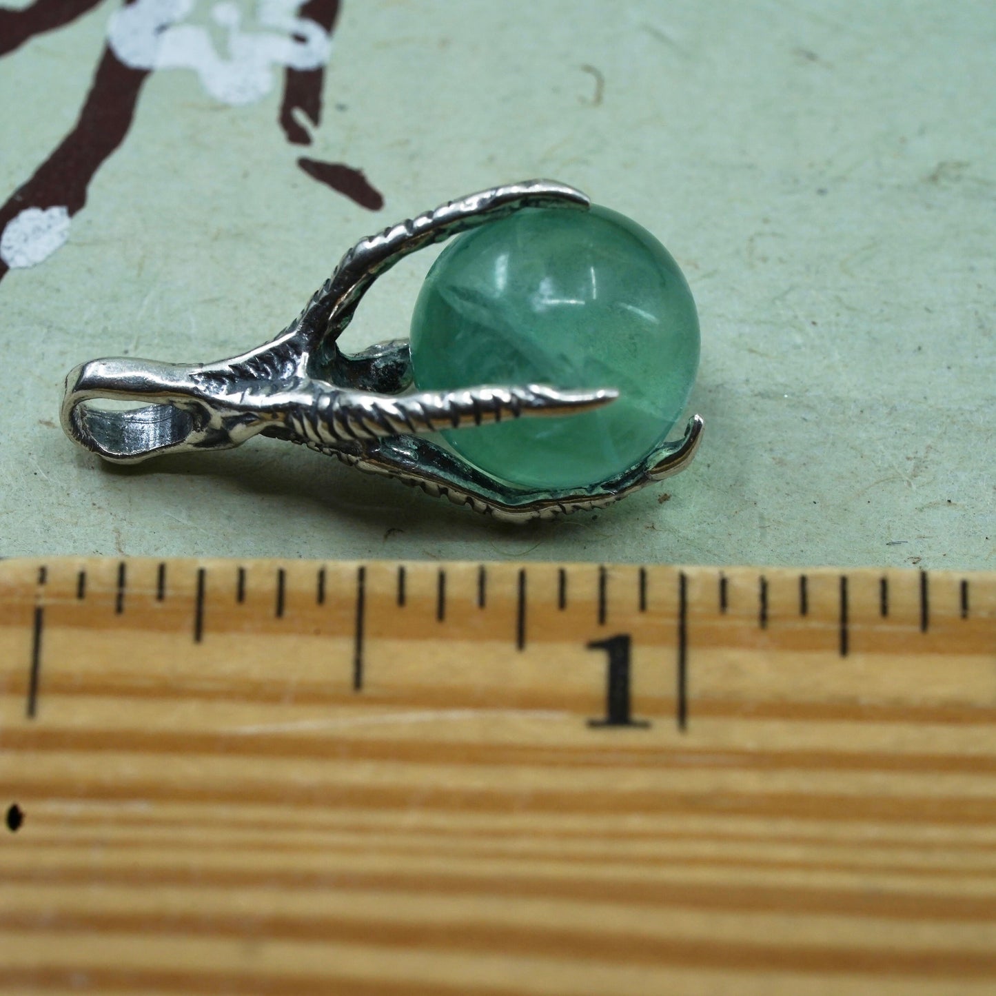 Vintage sterling silver 925 handmade dragon claw pendant with jade bead