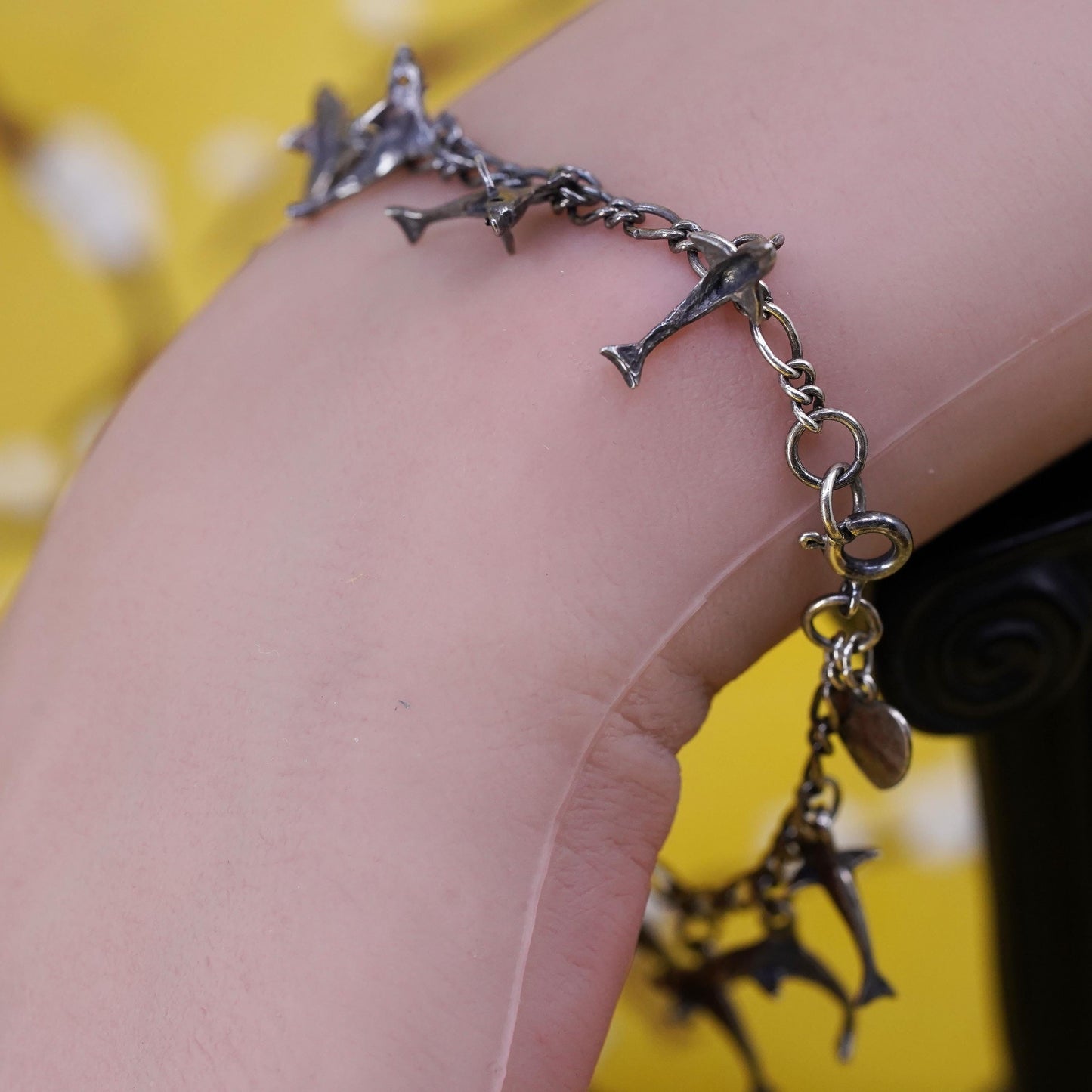 7”, vintage oxidized Sterling silver bracelet, 925 silver chain dolphin charms