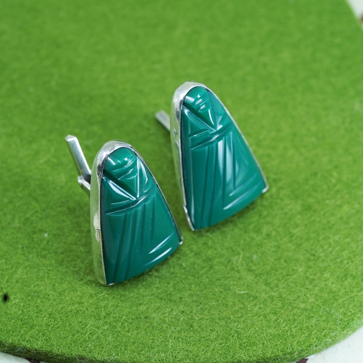 vtg Mexican Sterling 925 Silver cufflinks Carved Green Stone Warrior Aztec Maya