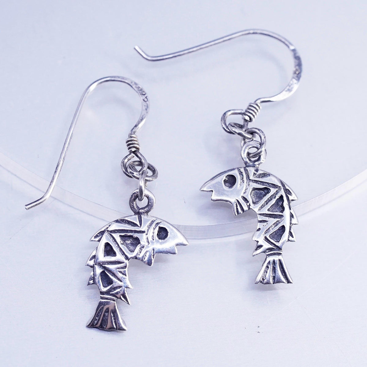 Vintage Sterling Silver 925 Fish Dangle Earrings, Geometric Fish Skeleton Drops