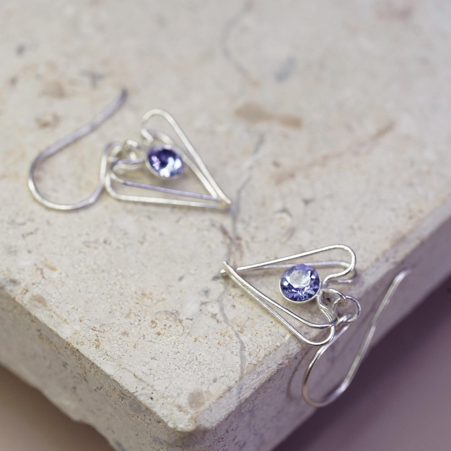 Vintage Sterling silver handmade earrings, 925 heart drops with dancing cz