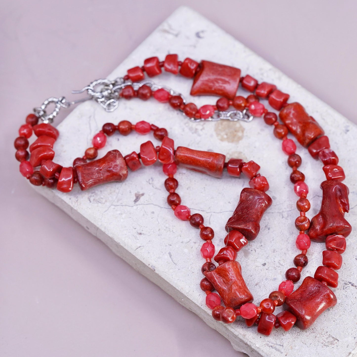 16+3", silver tone necklace, double strands coral beads necklace pendant