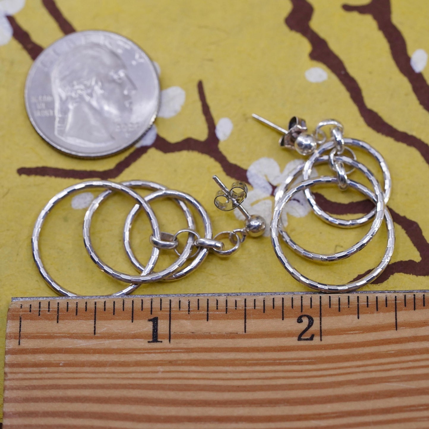 Vintage Sterling silver handmade earrings, textured 925 entwined circles dangle