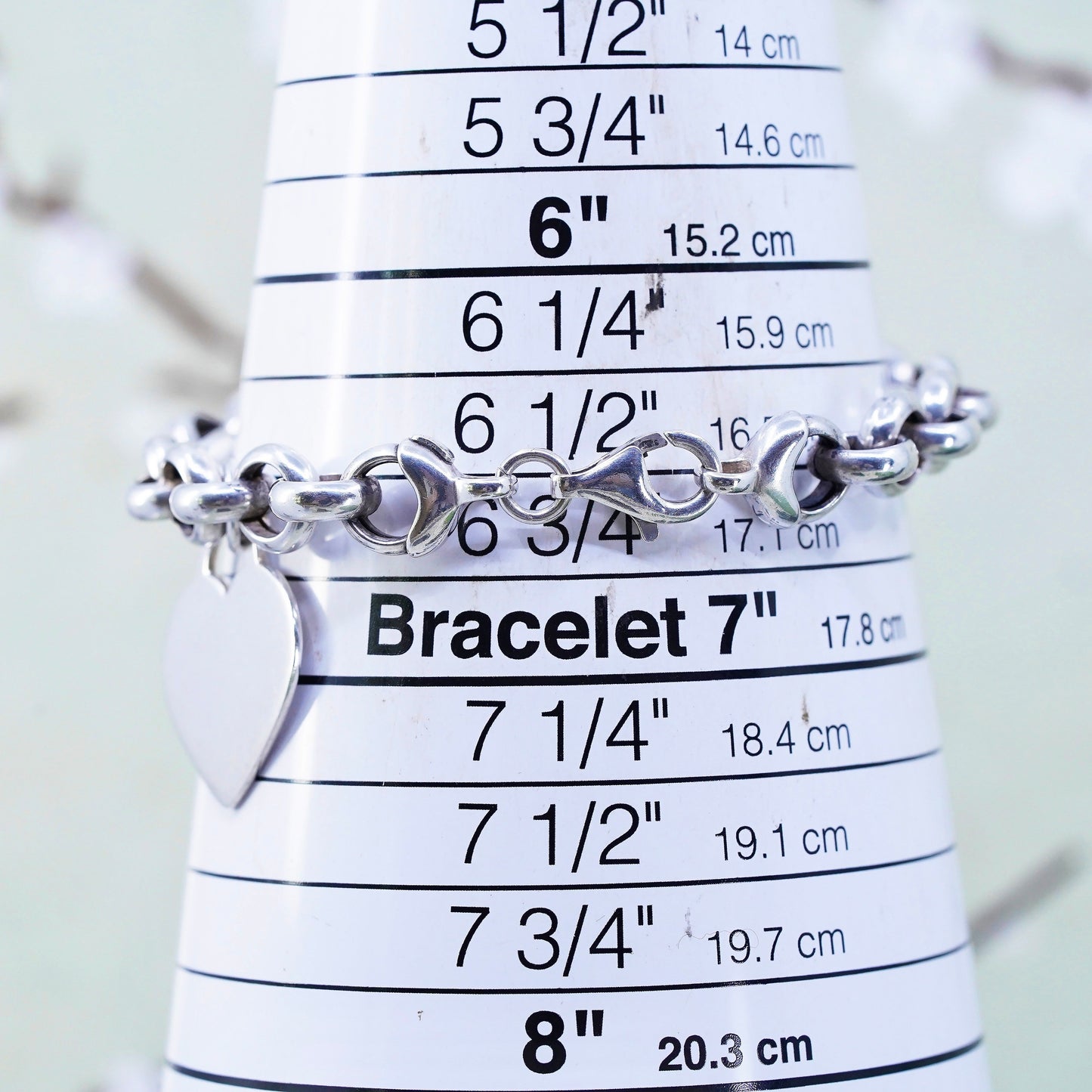 6.75” Italy sterling silver circle link bracelet, bold circle chain heart charm