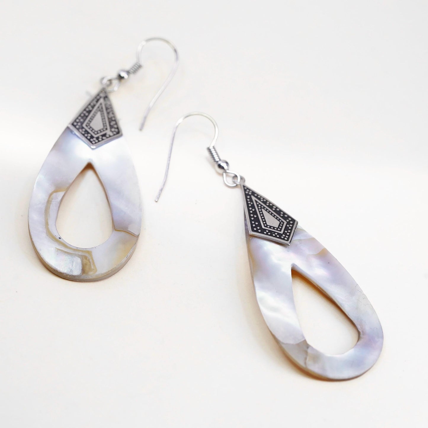 Vintage sterling silver earrings, mother of pearl teardrops 925 silver hooks