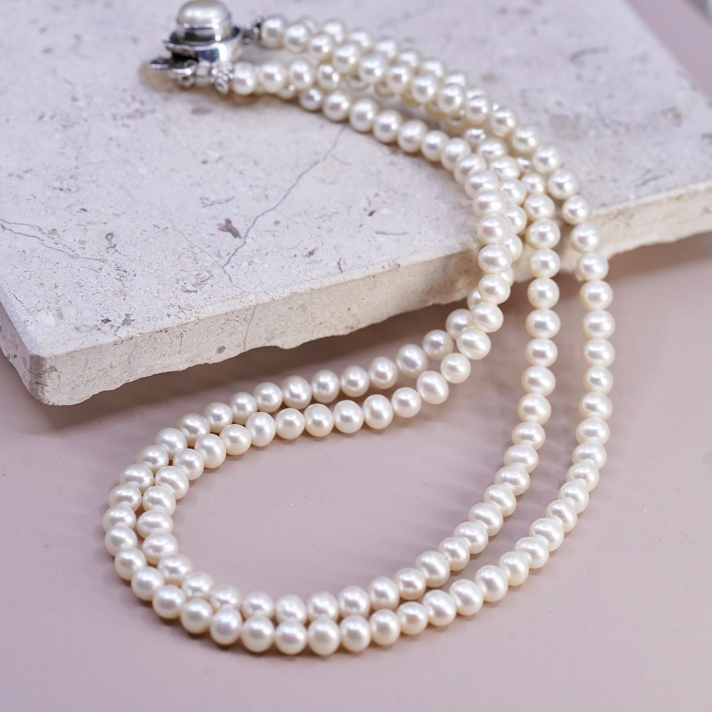17", Sterling 925 silver double strands necklace 6mm white freshwater pearls