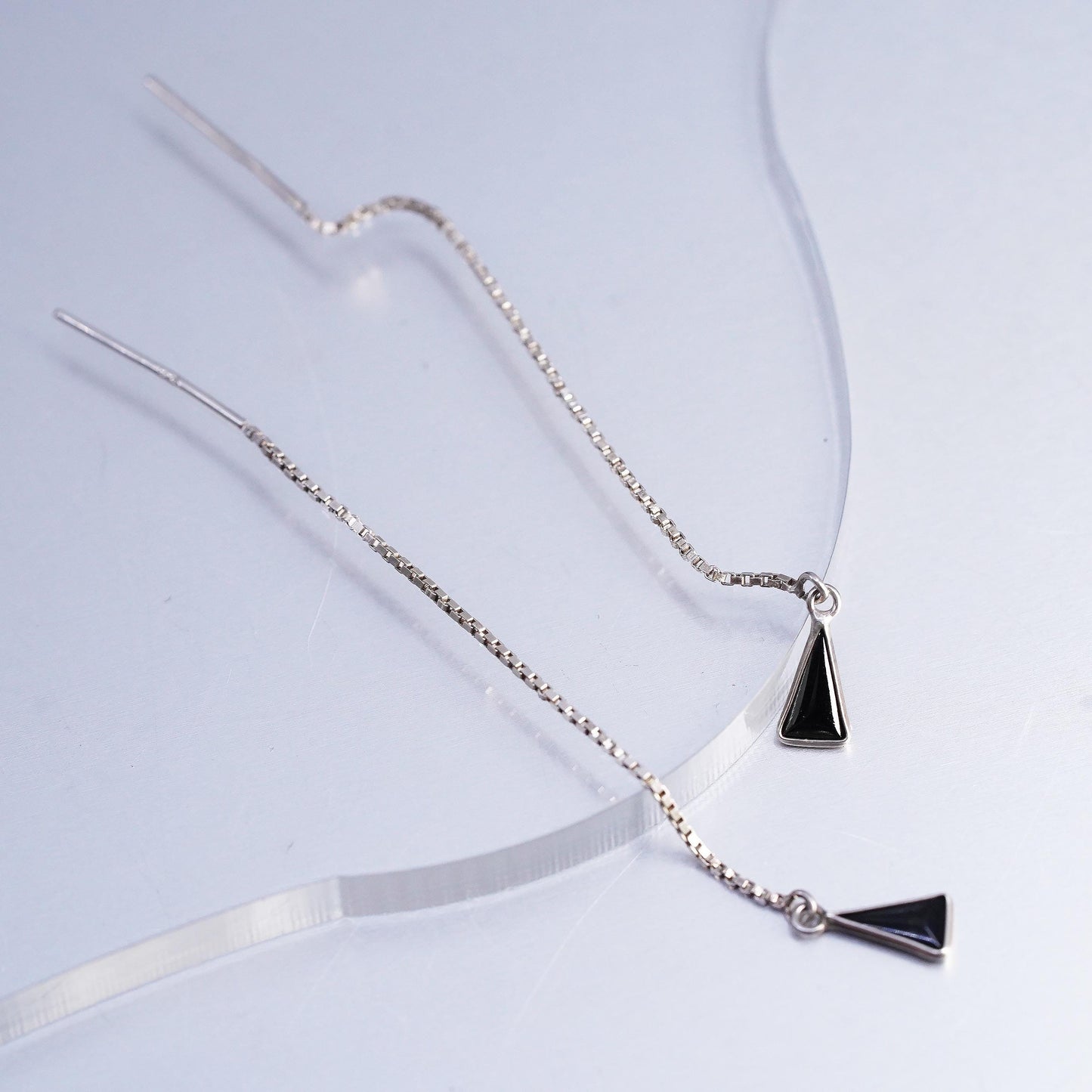 Vintage Sterling 925 silver handmade box chain earrings triangular onyx dangles