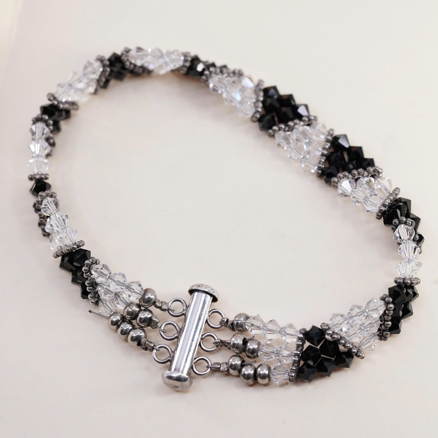 7.75", vintage Sterling silver bracelet, multi strands cluster crystal beads