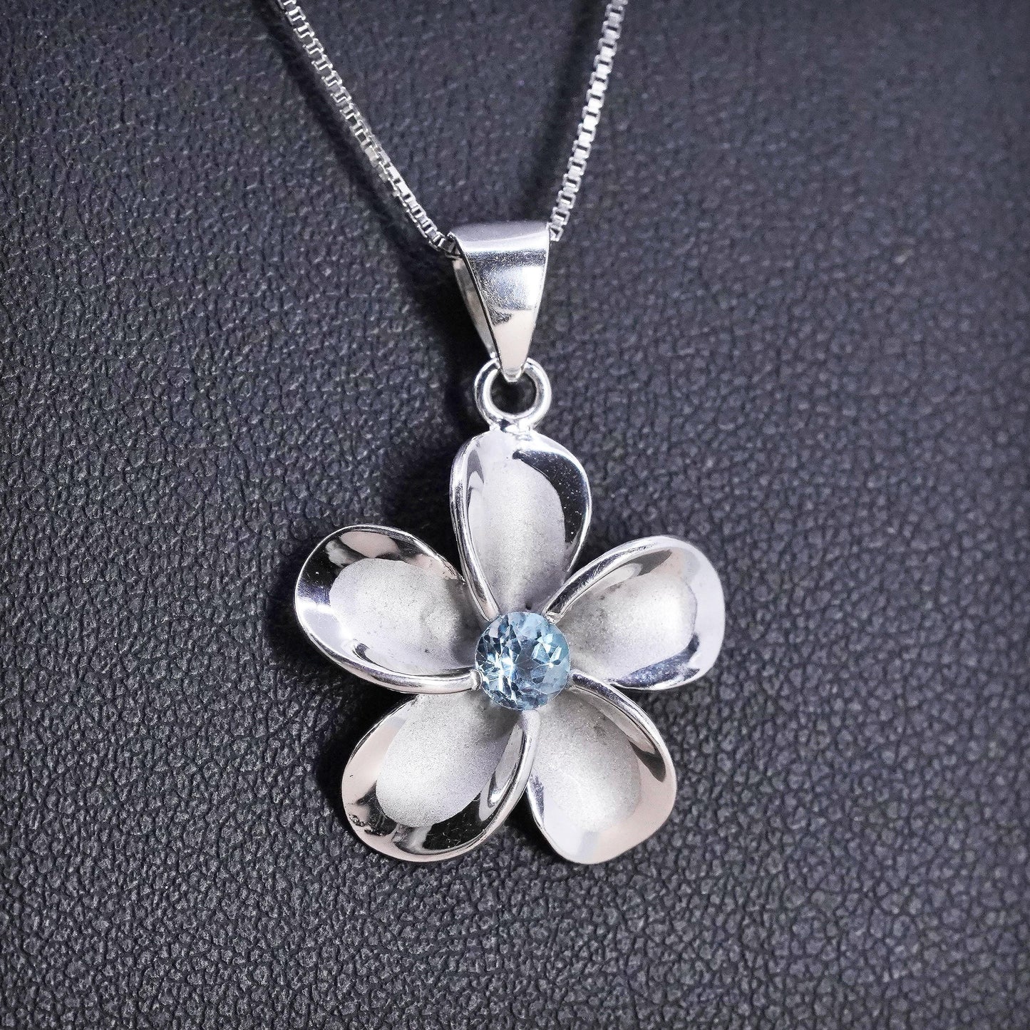 18”, Vintage Sterling silver handmade pendant, 925 box chain plumeria flower cz