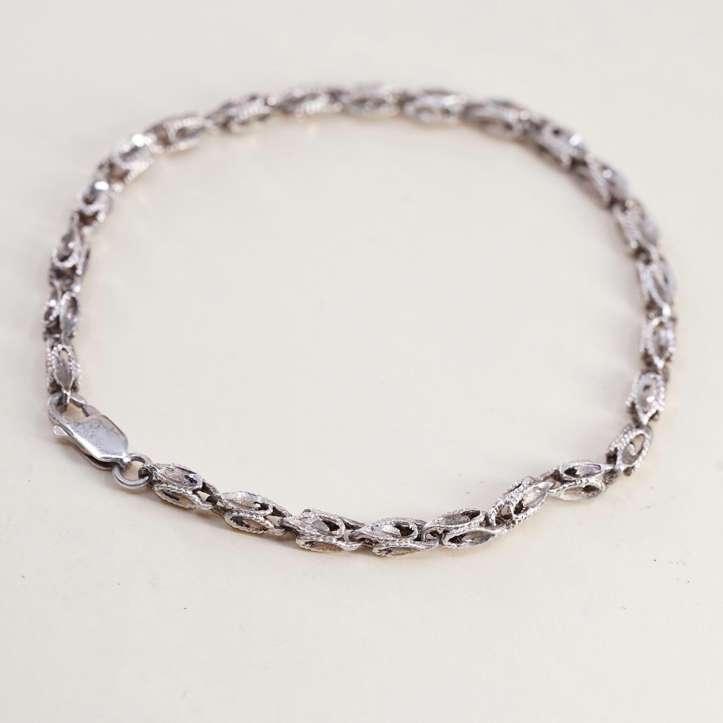 7.75", VTG Sterling 925 Silver Marquise Chain, Textured Organic Leaf Bracelet