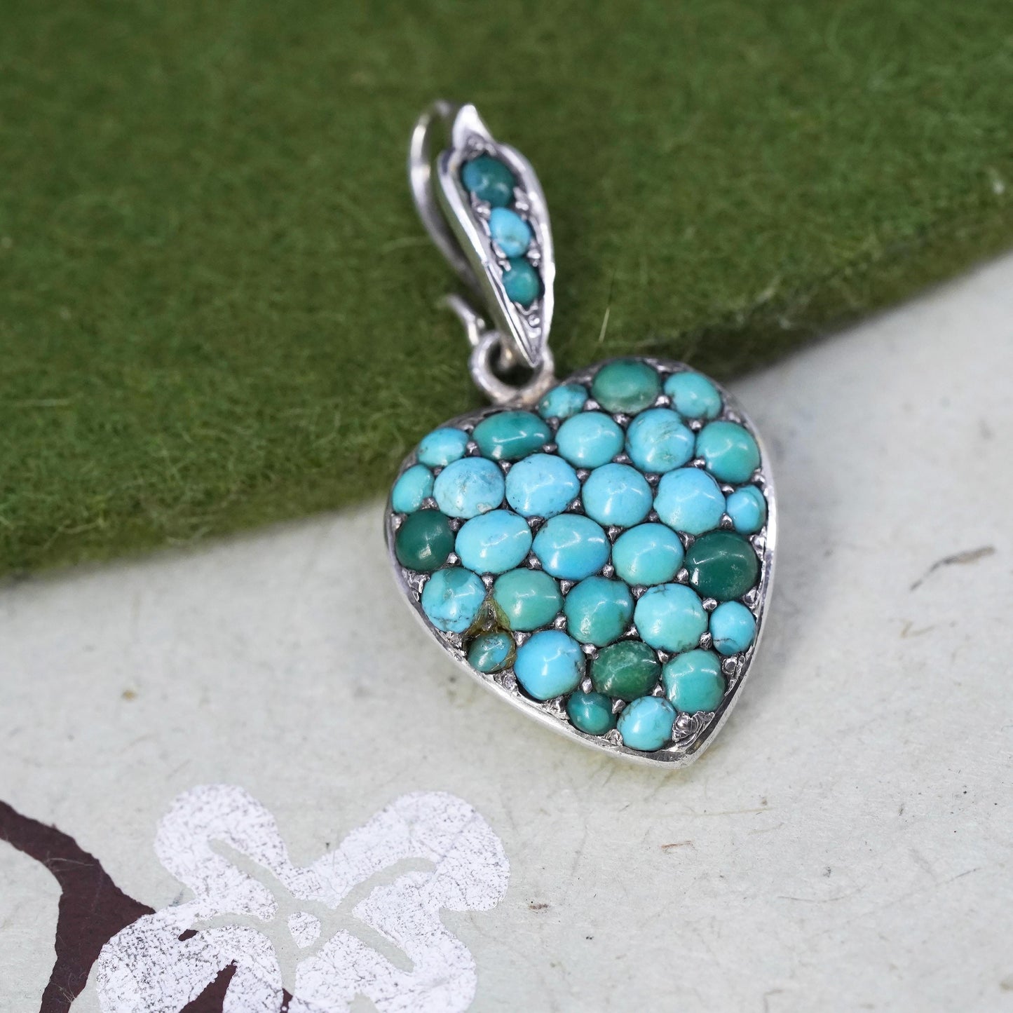 Vintage southwestern Sterling 925 silver handmade heart pendant turquoise beads