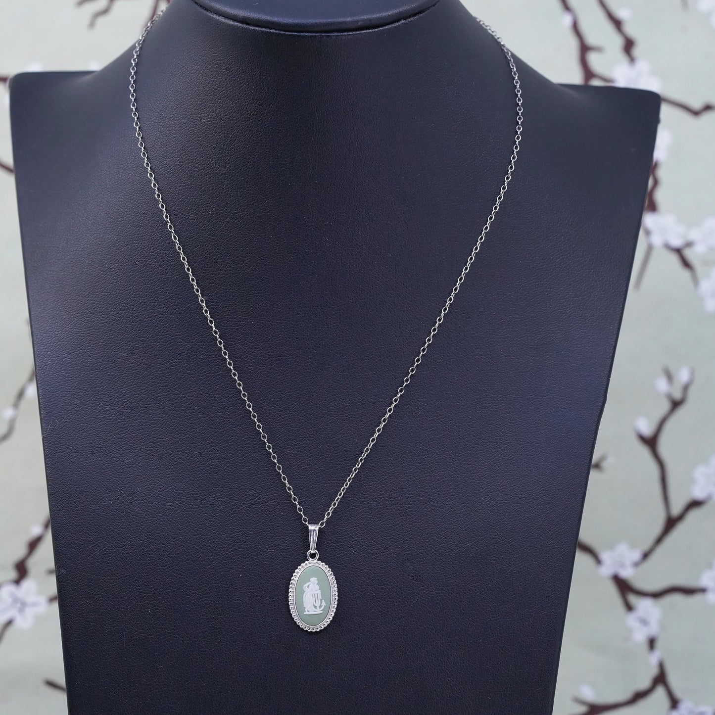 16” English Sterling silver handmade necklace, 925 oval pendant cameo woman