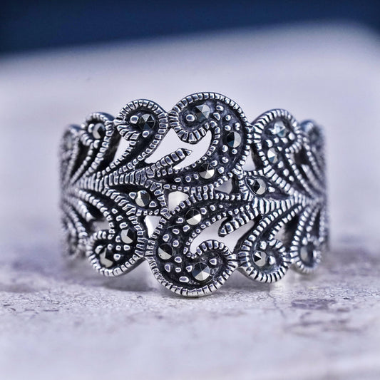 Size 5.5, vintage sterling silver handmade ring, 925 leafy band with marcasite