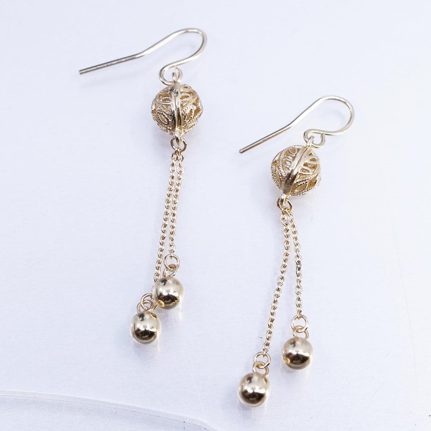 VTG vermeil gold over Sterling 925 silver filigree bead earrings fringe dangles