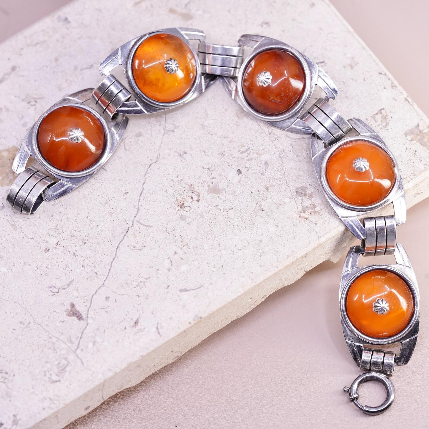 7.75", vintage German OKO sterling 835 silver handmade bracelet with carnelian